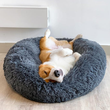 90cm Extra Large Calming Dog Cat Bed, Plush Donut Pets Beds for Dogs Cats, Soft Puppy Kitten Cuddler Round Bed Cushion, Washable Warm Dog Beds for Improved Sleeping