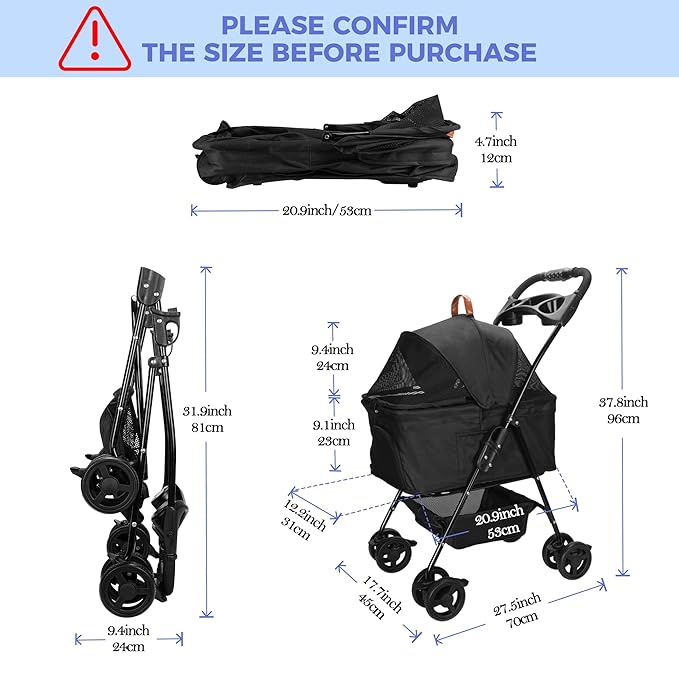 Pet Stroller Dog Strollers for Small Dogs 4 Wheels Rotate 360 Degrees with Brakes