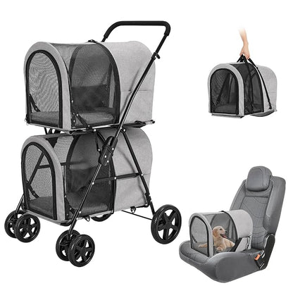 Double Pet Stroller for Dogs and Cats with 2 Detachable Carrier 4 Wheels,