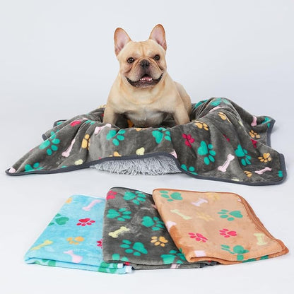 Luciphia 1 Pack 3 Blankets Fluffy Premium Fleece Pet Blanket Flannel Paw Printed Throw for Dog Cat(Medium 30x20'', Grey/Brown/Blue)