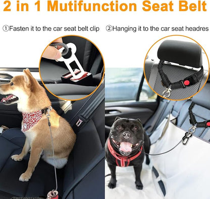 Chew Proof Dog Car Seat Belt, 2 in 1 Steel Cable Dog Car Accessories Headrest Restraint Dog Seat Belt for Medium Large Dogs Chewer Heavy Duty Dog Seatbelt for Cars Swivel Attach