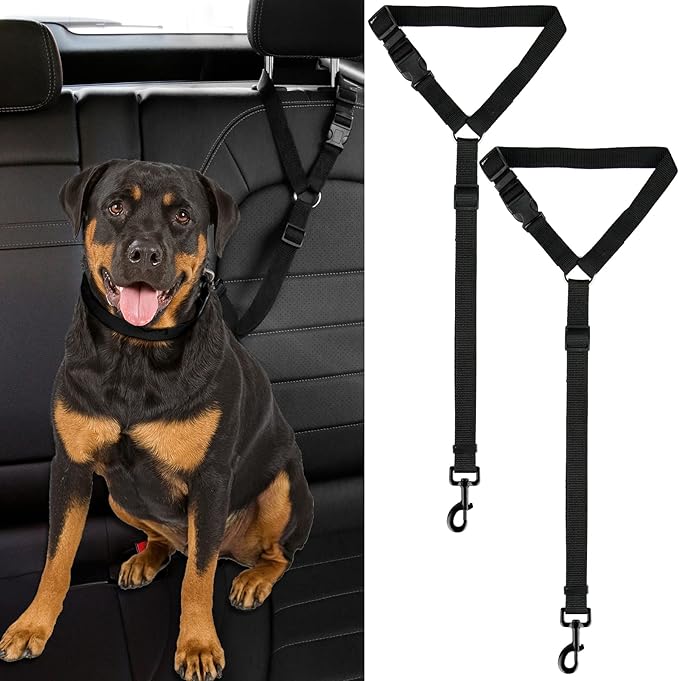 2 Packs Dog Cat Safety Seat Belt Strap Car Headrest Restraint Adjustable Nylon Fabric Dog Restraints Vehicle Seatbelts Harness (Black)