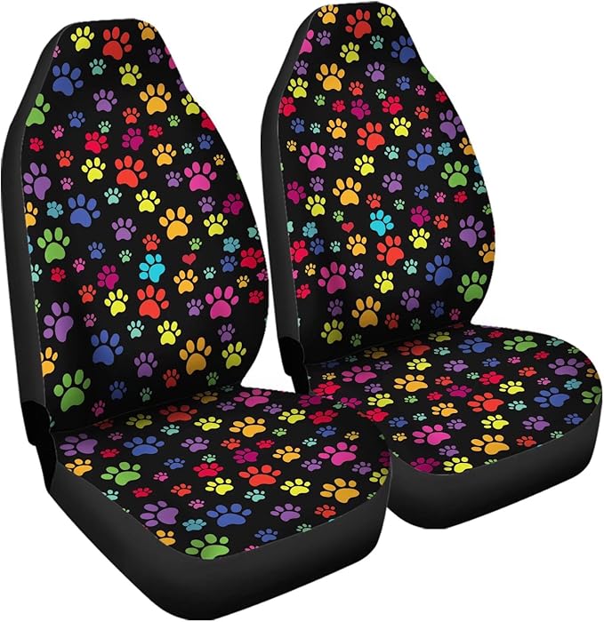 Colorful Dog Paw Printed Car Seat Cover Only for Front 2-Piece Waterproof