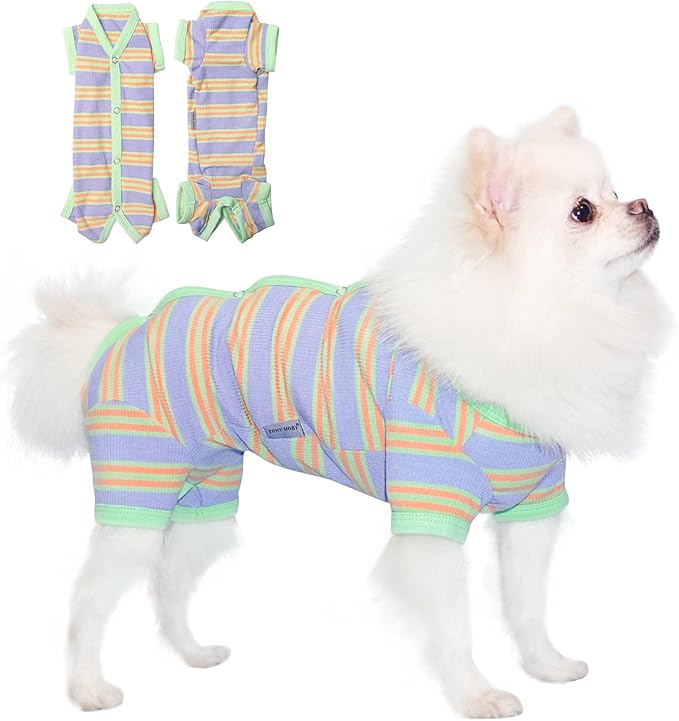 TONY HOBY Dog Pajamas, Female Dog Pajamas, 4 Legged Dog Jumpsuit Pajamas for Small Medium Size Dog (Green&Purple, Girl, XS)