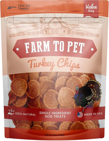 Farm To Pet Dog Training Treats - Turkey Chips, Single Ingredient, Lean, All Natural, Healthy Dog Treats for Small, Medium, Large Dog Breeds, & Puppies, Made in USA