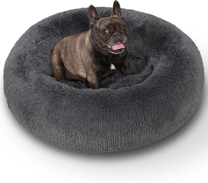 KSIIA Calming Dog Bed Anti-Anxiety Round Donut Dog Beds Large Sized Dog Cat Beds for Indoor Cats Fluffy Comfort Large Dog Bed with Ultra-Soft Plush Washable Dog Bed with Non-Skid Bottom 36", Gray