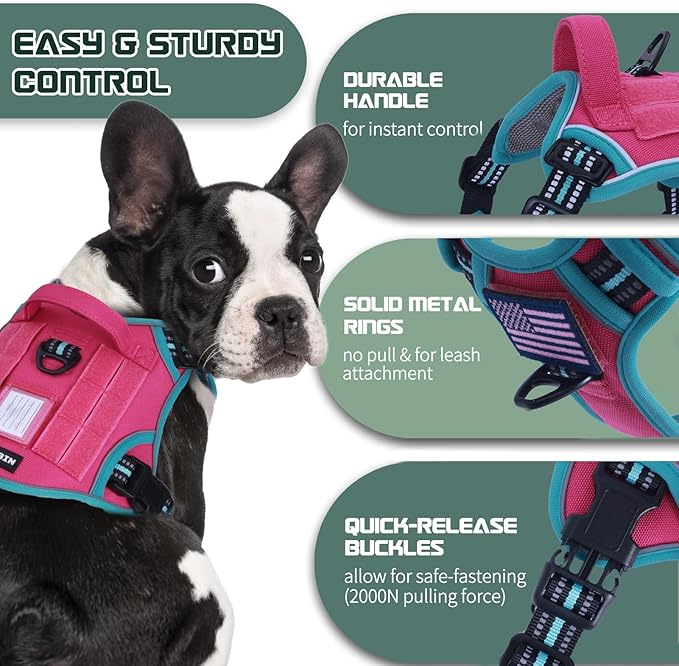 BUMBIN Tactical Dog Harness for Medium Dogs No Pull, Famous TIK Tok No Pull Dog Harness, Fit Smart Reflective Pet Walking Harness for Training, Adjustable Dog Vest Harness with Handle Pink&Green M