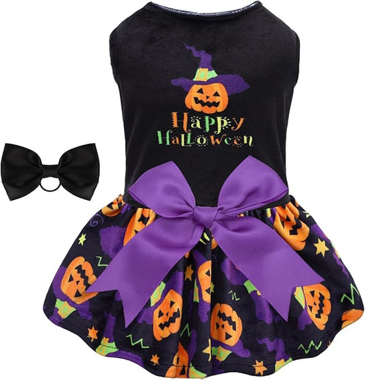 CuteBone Halloween Dog Dresses Velvet Holiday Small Dogs Clothes Onesie Pet Apparel Girl Puppy Skirt with Bow Hair Rope CVA41XS-D