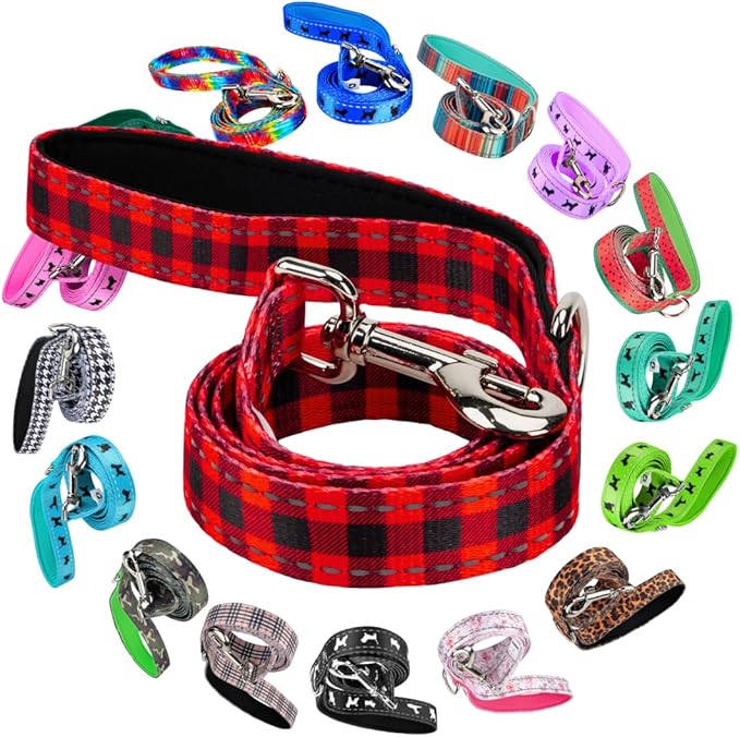 EcoBark Dog Leash - Soft & Reflective Comfort Leash with Padded Handle - Strong Durable Heavy Duty - Training and Pulling for Small, Medium or Large Dogs (Red Buffalo Plaid)