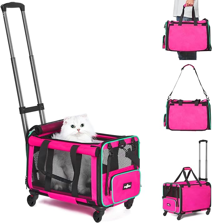 Airline Approved Pet Carrier with Wheels, Foldable Rolling Cat Dog Carrier with Wheels Telescopic Handle for Outdoor Vet Visits, Cat Carrier Travel Bag for Cat Dog Under 20 lbs, Pink