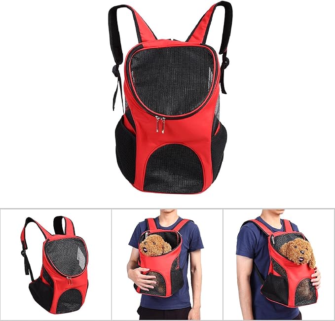 Pet Carrier Backpack, Dog Front Carrier Cat Backpack Carrier Puppy Carrier Travel Shoulder Bag with Ventilated Breathable Mesh Hands Free for Traveling Hiking Cycling Outdoor Use Kitty Rabbits(Red)