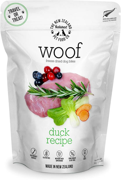 Woof Freeze Dried Dog Food - Duck Recipe, High Protein, Complete Diet, Dog Treats, All Life Stages - 1.76 oz