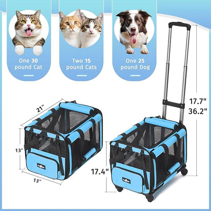 Large Cat Carrier with Wheels, Foldable Rolling Cat Carrier for 2 Cats with Wheels for Cat Dog Under 30 lbs, Cat Carrier Travel Bag with Large Pocket for Outdoor, Blue