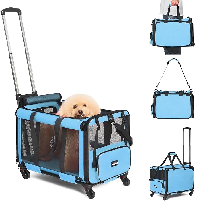 Large Cat Carrier with Wheels, Foldable Rolling Cat Carrier for 2 Cats with Wheels for Cat Dog Under 30 lbs, Cat Carrier Travel Bag with Large Pocket for Outdoor, Blue