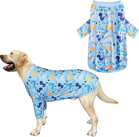 Dinosaur Dog T Shirts Cute Dinosaur Pattern Printed Apparel Shirt for Large Dogs Softable Stretchy Pet Clothes (2XL, Blue Dinosaur)