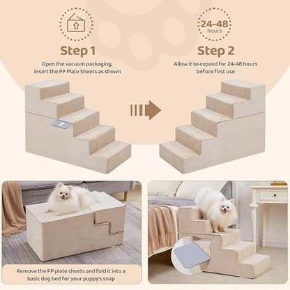 5-Step Dog Stairs, 22.5'' H Dog Stairs for High Beds, Non-Slip Bottom Pet Stairs for Small Dogs and Cats, Indoor Pet Steps Dog Ramp for Bed, Beige