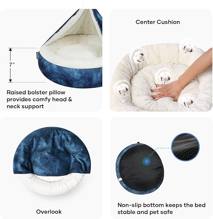 Cozy Soft Dog Bed with Hooded Blanket Warm Calming Cat Cave for Small Medium Dogs and Cats 26x26x7″