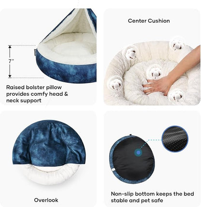 Cozy Soft Dog Bed with Hooded Blanket Warm Calming Cat Cave for Small Medium Dogs and Cats 26x26x7″
