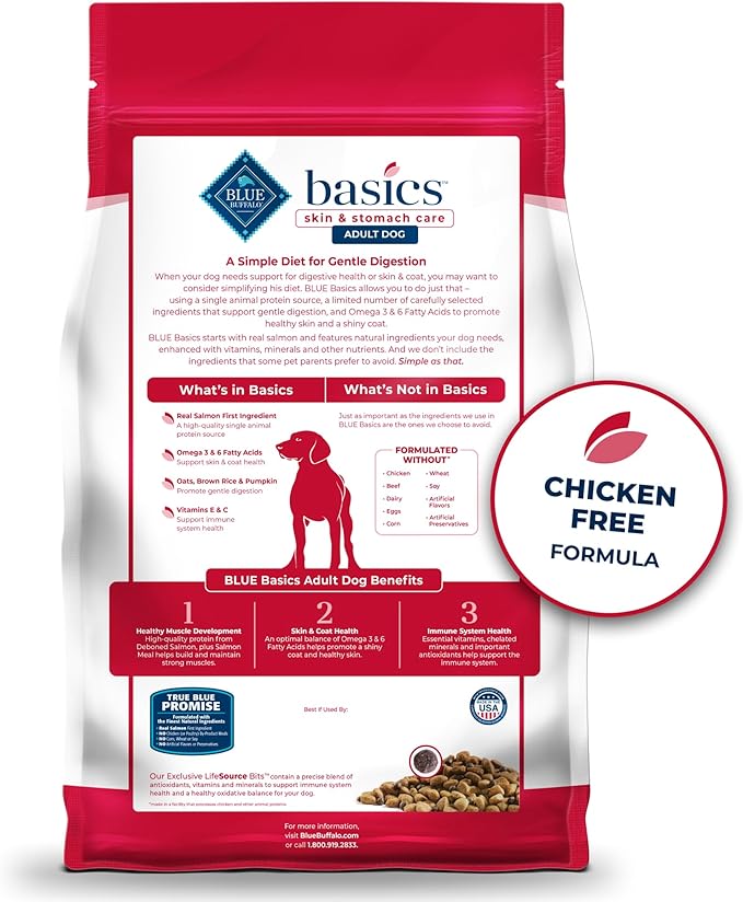 Blue Buffalo Basics Grain-Free Adult Dry Dog Food, Skin & Stomach Care, Limited Ingredient Diet for Dogs, Salmon Recipe, 4-lb. Bag