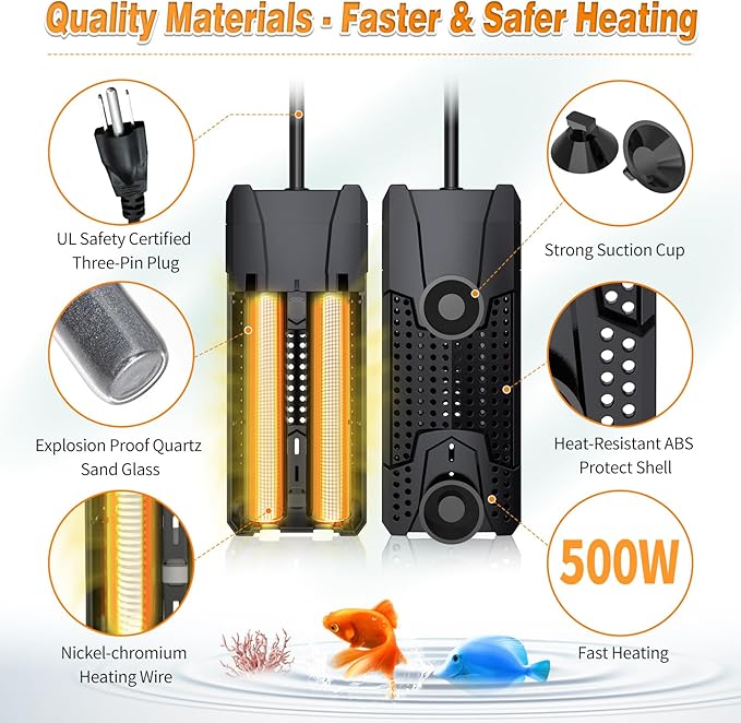 Aquarium Heater 300W/500W/800W/1000W for 20-300 Gal, Fish Tank Heater with Intelligent Leaving Water Automatica Stop Heating and Overheating Protection, for Freshwater & Saltwater