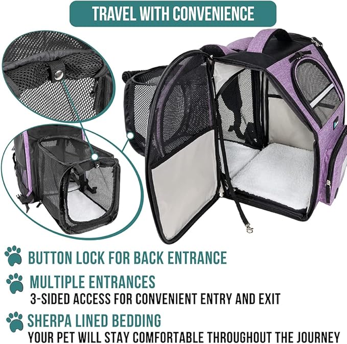 PetAmi Dog Cat Backpack Carrier, Expandable Pet Carrier Backpack for Travel Hiking, Small Medium Dog Puppy Large Cat Carrying Backpack, Airline Approved Ventilated Soft Back Support, 18 lbs, Purple