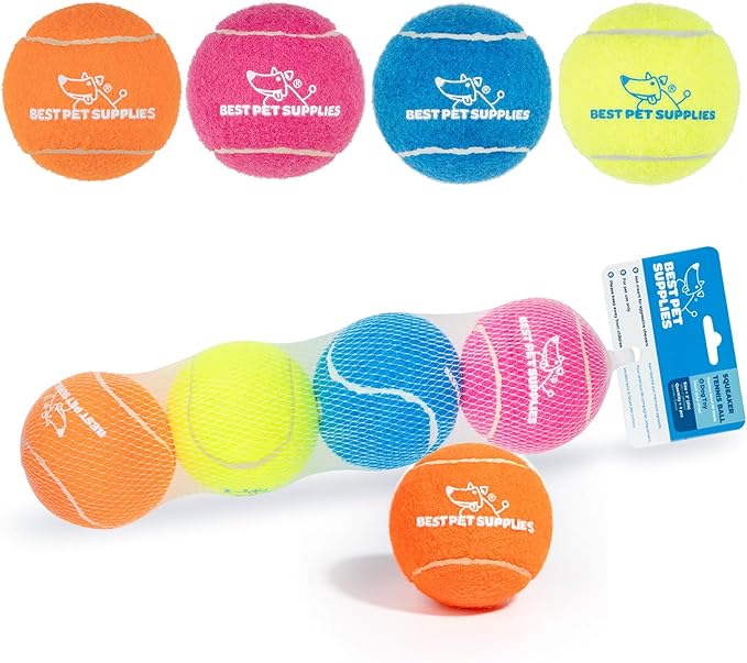 Best Pet Supplies Squeaky Tennis Toys for Dogs, 4-Pack, Heavy-Duty Interactive Pet Toys for Throwing and Fetching, Supports Exercise and Natural Behavior Training, Durable - Large