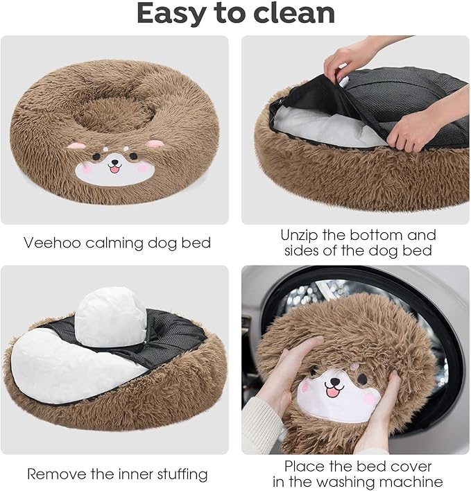 Veehoo Donut Calming Dog Beds for Medium Large Dogs-Round Cute Dog Bed Comfort Pet Bed 30" Camel