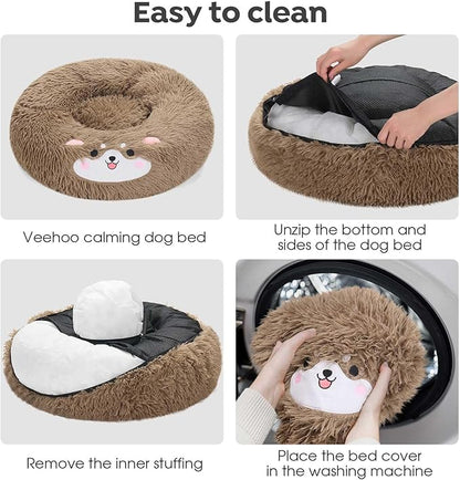 Veehoo Donut Calming Dog Beds for Medium Large Dogs-Round Cute Dog Bed Comfort Pet Bed 30" Camel