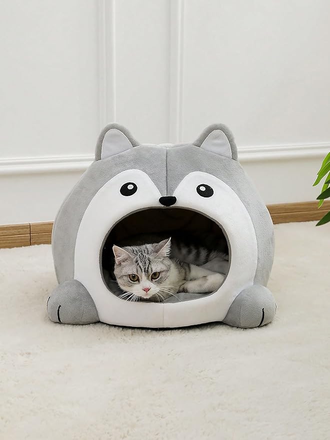QWINEE Indoor Fox Shape Cat Bed Cave with Removable Cushion