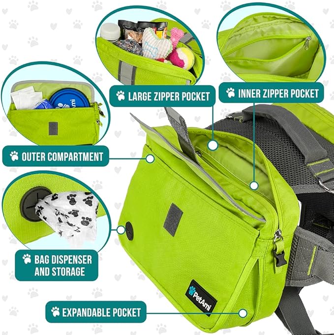 PetAmi Dog Backpack for Medium Large Dogs, Dog Saddle Bag for Dogs to Wear, Harness Saddlebag with Reflective Safety Side Pockets for Hiking, Camping, Vest Dog Pack for Travel (Green, Medium)