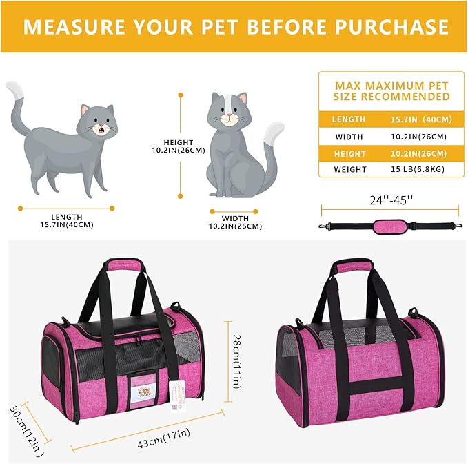 Pet Carrier - Airline Approved for Small Dogs, Cats, Kittens Under 15lb - Collapsible Soft Sided TSA Cat Travel Carrier in Red