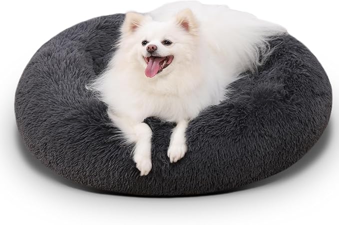 KSIIA Calming Dog Bed Anti-Anxiety Round Donut Dog Beds for Small Dogs Cat Beds for Indoor Cats Fluffy Comfort Small Dog Bed with Ultra-Soft Plush Washable Dog Bed with Non-Skid Bottom 20", Gray