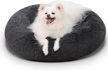 KSIIA Calming Dog Bed Anti-Anxiety Round Donut Dog Beds for Small Dogs Cat Beds for Indoor Cats Fluffy Comfort Small Dog Bed with Ultra-Soft Plush Washable Dog Bed with Non-Skid Bottom 20", Gray