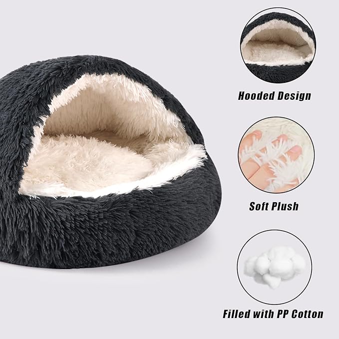 Round Hooded Cat Bed & Dog Bed with Cover Cave 16inch x 16inch)