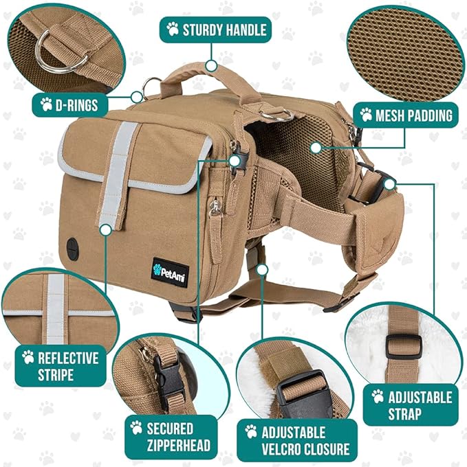 PetAmi Dog Backpack for Medium Large Dogs, Dog Saddle Bag for Dogs to Wear, Tactical Harness Saddlebag with Reflective Safety Side Pockets for Hiking, Camping, Vest Dog Pack for Travel (Tan, Large)