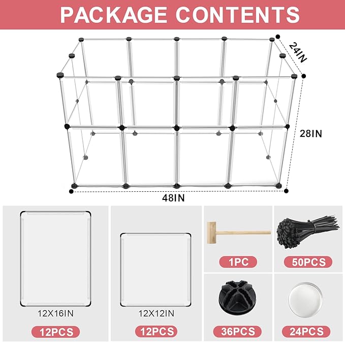 24 Panels Portable Small Animals Playpen,48" x 24" x 28" Transparent Pet Playpen,Plastic Enclosure,Puppy Play Pen for Indoors Outdoor Pet Fence for Guinea Pigs,Bunny,Ferrets,Hamsters,Hedgehogs