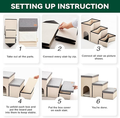 Love's cabin Dog Stairs for Small Medium or Large Dogs with Storage and Condo Couch,3-Step Gray 200 lbs,Beige+Grey