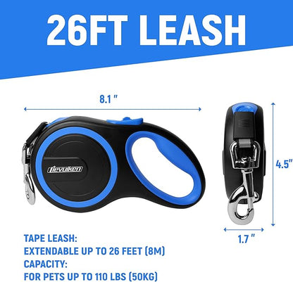26 FT Retractable Dog Leash with No Tangle 110lbs, One-Handed