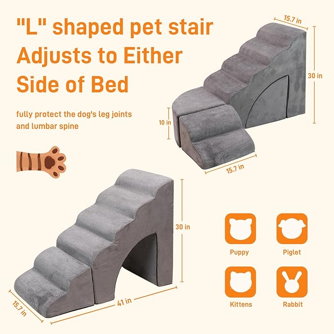 30” Dog Stairs for High Beds, Multifunctional Pet Stairs Adjusts to Either Side of Bed, 6 Tier Foam Pet Stairs for High Beds, Non-Slip Balanced Dog Ramps/Steps for Small Dogs, Old Pets