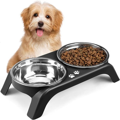 Elevated Cat Bowls - Anti-Vomiting Raised Cat Bowl Stand with 2 Thick Stainless Steel Cat Bowls Non-Slip for Small Medium Indoor Cats & Puppies, Dishwasher Safe, Black