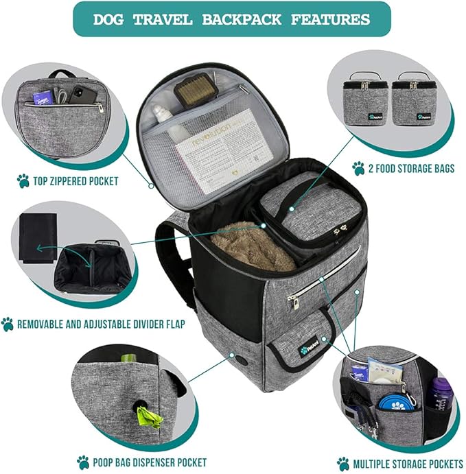 PetAmi Dog Travel Bag Backpack, Airline Approved Dog Bags for Traveling, Puppy Diaper Bag Supplies, Pet Camping Essentials Hiking Accessories Dog Mom Gift, Food Container, Collapsible Bowls, Gray