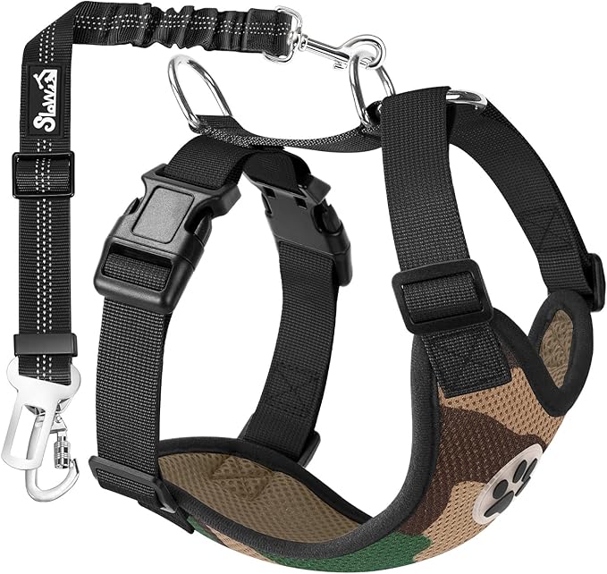 SlowTon Dog Seat Belt Harness for Car, Dog Car Harness Adjustable Mesh Breathable & Dog Seatbelt Safety Tether with Elastic Bungee for Small Medium Large Pets(Camouflage, Double Clip, XXXS)