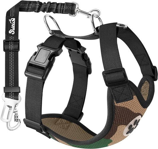 Lukovee Dog Seat Belt for Car, Adjustable Dog Car Harness for Large Medium Small Dogs, Soft Padded & Breathable Mesh Dog Seatbelt with Car Strap and Carabiner(Camouflage Double Clip,Small)