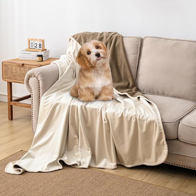 100% Waterproof Dog Blanket,82x108 inches Soft Leak Proof Pet Couch Throw for Sofa, Bed Furniture Protector Covers from Dogs Puppys Cats Washable-Beige+Khaki