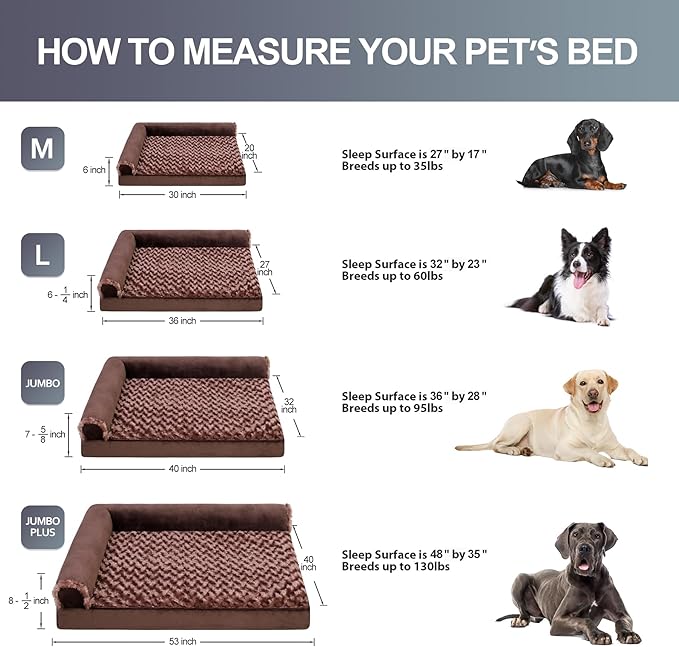 Orthopedic Dog Bed Deluxe Plush L-Shaped Dog Couch Beds with Waterproof Lining Bolster Dog Sleeping Sofa with Removable Washable Cover & Nonskid Bottom Pet Bed for Medium Large Jumbo Dogs 30 x 20 Inch