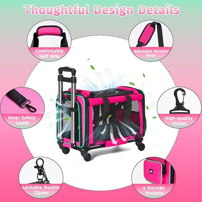 Airline Approved Pet Carrier with Wheels, Foldable Rolling Cat Dog Carrier with Wheels Telescopic Handle for Outdoor Vet Visits, Cat Carrier Travel Bag for Cat Dog Under 20 lbs, Pink