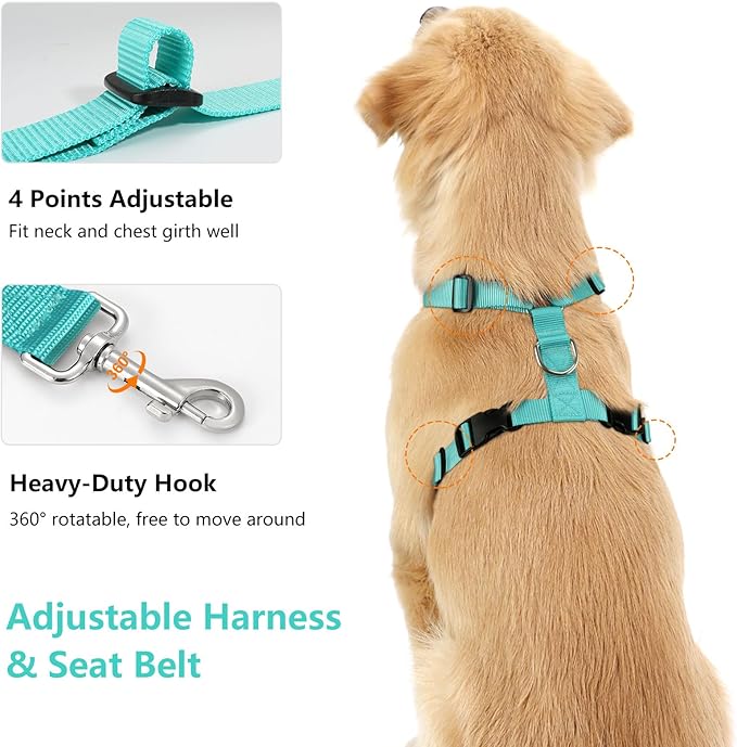 Dog Vehicle Safety Vest Harness, Adjustable Soft Padded Mesh Car Seat Belt Leash Harness with Travel Strap and Carabiner for Most Cars, Medium Size, Lake Blue Flower