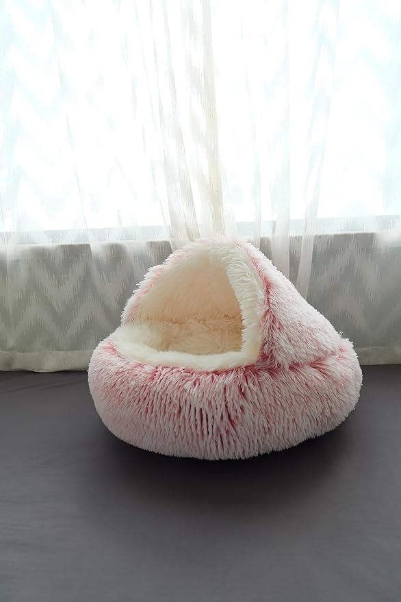 Calming Round Dog Beds &Cat Cave Bed with Hooded Cover 25.6X 25.6inch)