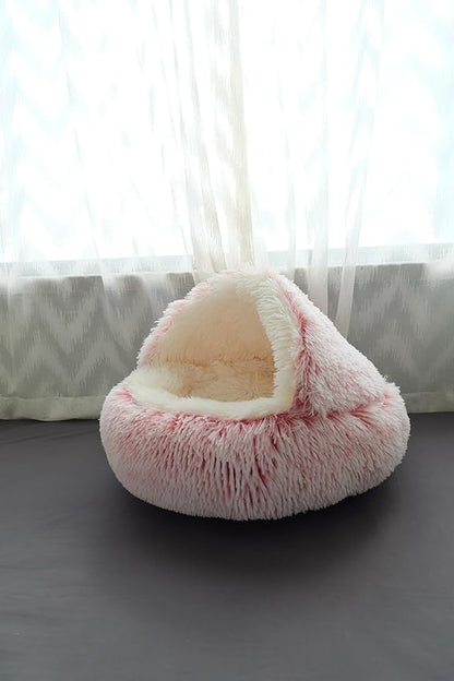 Calming Round Dog Beds &Cat Cave Bed with Hooded Cover 25.6X 25.6inch)