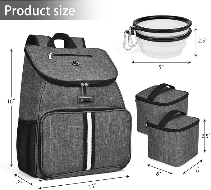 BAGLHER丨Dog Travel Bag, Airline Approved Pet Supplies Backpack, Dog Travel Backpack Accessories Set with 2 Silicone Collapsible Bowls and 2 Food Baskets, Gray